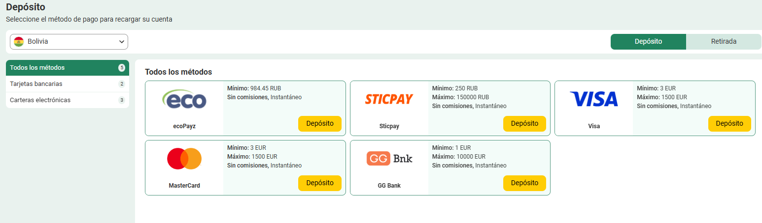 Métodos de pago y retiro en Betwinner